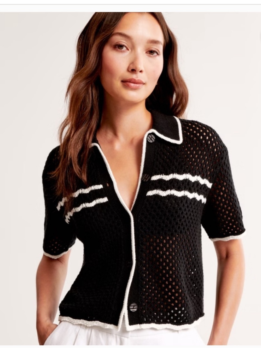 Abercrombie & Fitch Black Knit Short-Sleeve Cardigan with White Trim